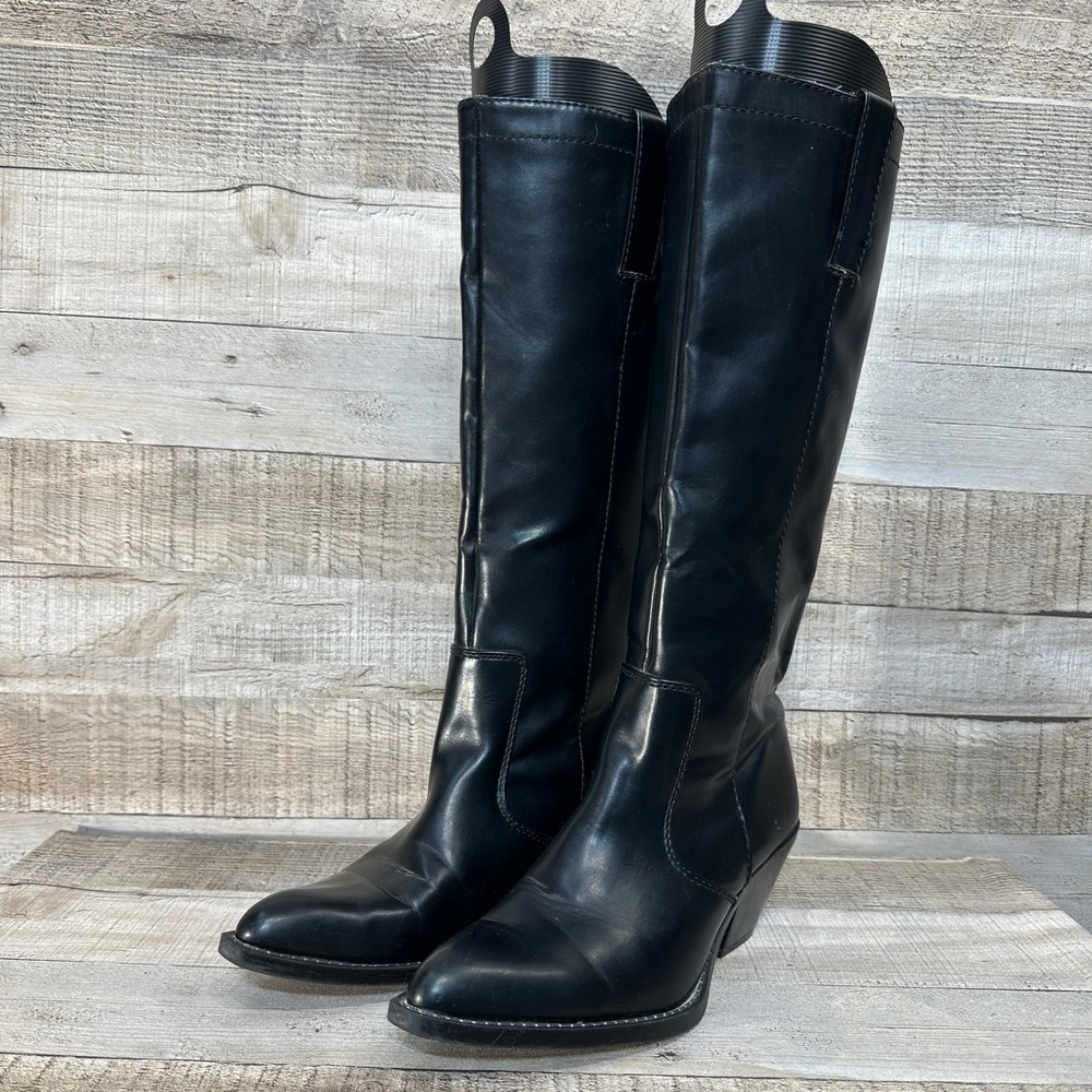 Womens Black Faux Leather‎ Knee High Western Cowboy Boots Block Heel Pointed Toe
